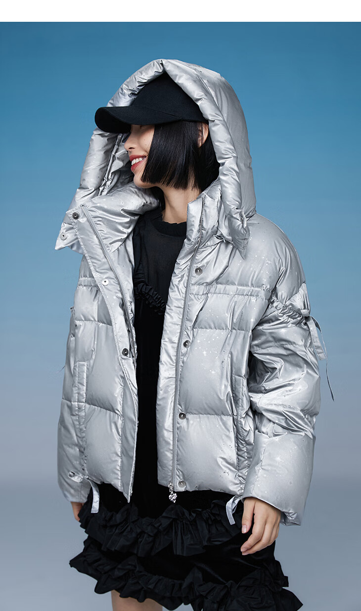 only春季新款星光亮面系带设计感潮流90绒羽绒服女121423003银色