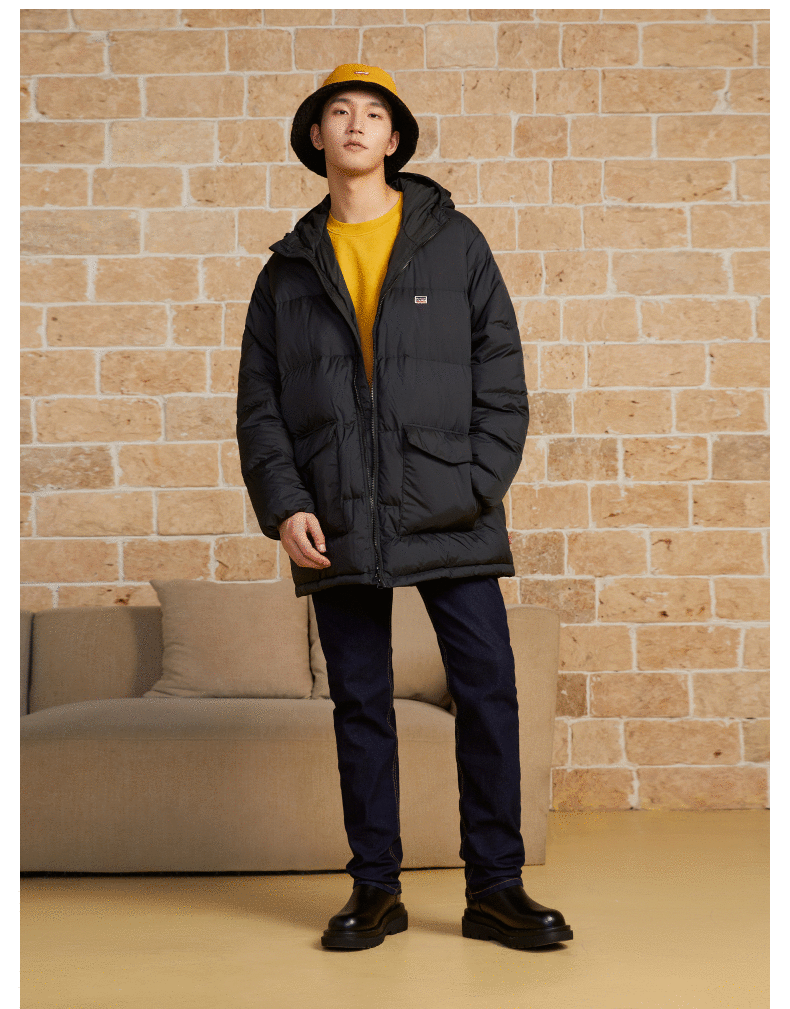 levis李维斯男士黑色中长款宽松日常休闲连帽羽绒服外套a09490000黑色