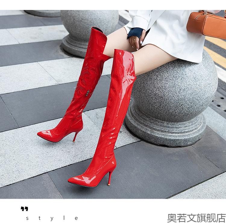 特大号高跟长靴女过膝细跟尖头性感情趣长筒靴超sm漆皮修身高筒靴超