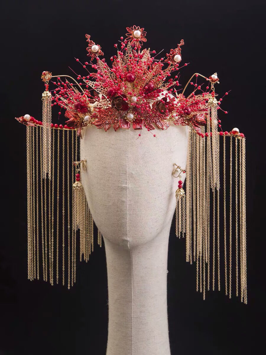 米聆新款秀禾头饰女古风凤冠红色中式新娘凤冠发饰古装秀禾服结婚4273