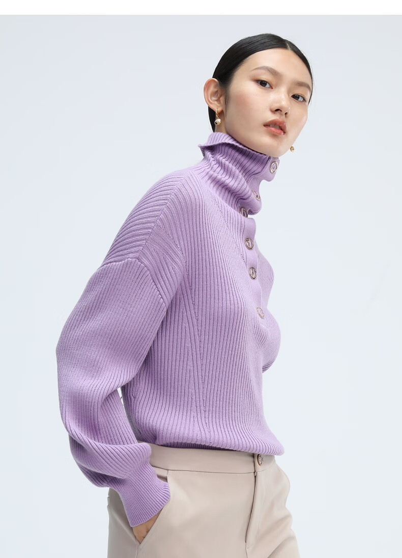 玖姿高领落肩设计感休闲个性针织衫紫色女毛衣juzui春季新款紫3xl