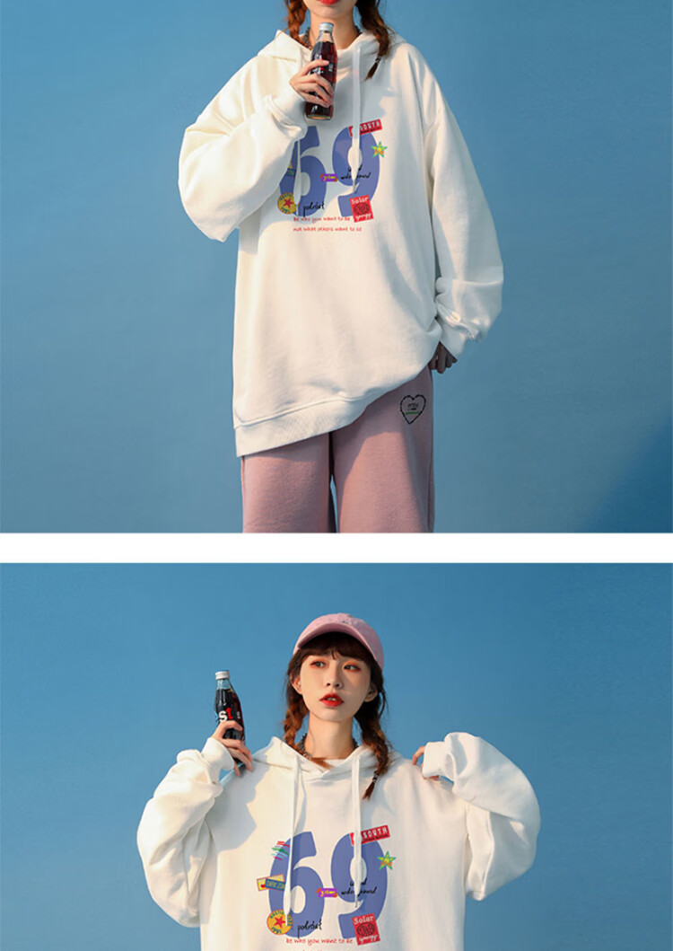 连帽卫衣港风百搭印花休闲外套女生春秋宽松慵懒风薄款上衣小众 黑色