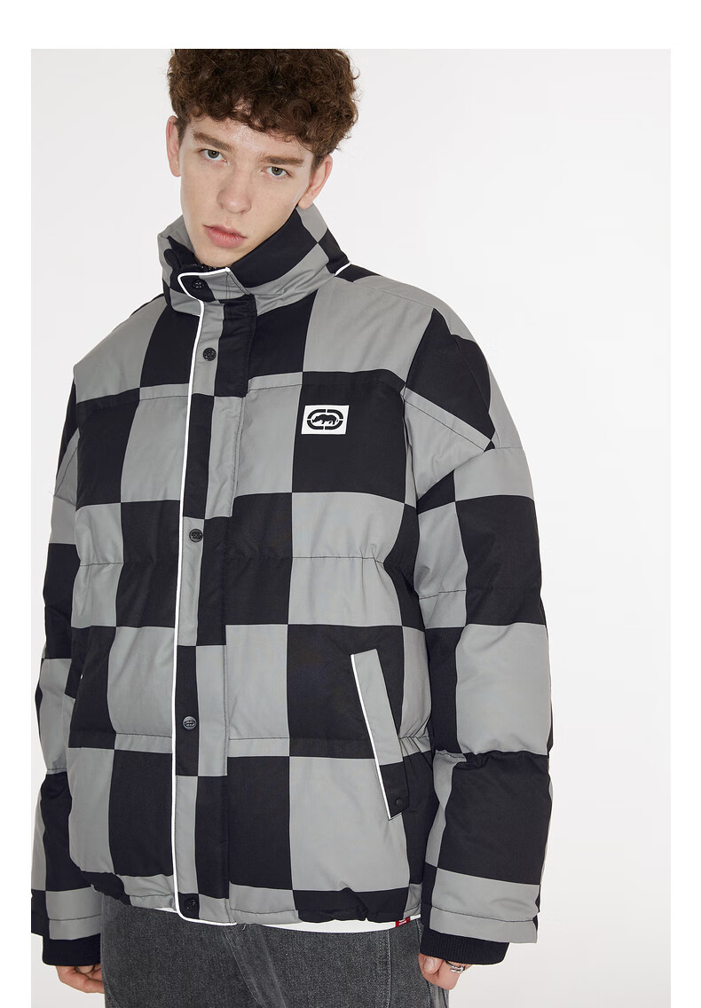 ecko犀牛90白鸭绒羽绒服男新款2021冬季反光条棋盘格logo印花保暖情侣