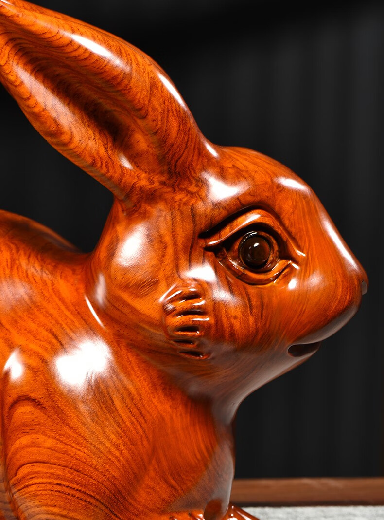 渔者读木黄花梨木木雕桌面摆件兔子实木质雕刻动物生肖家居客厅书房