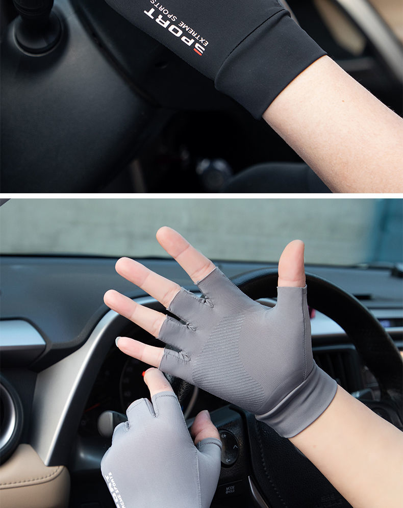 冰丝防晒露二指手套男夏季透气薄款户外帅气骑车开车钓鱼半指手套灰色