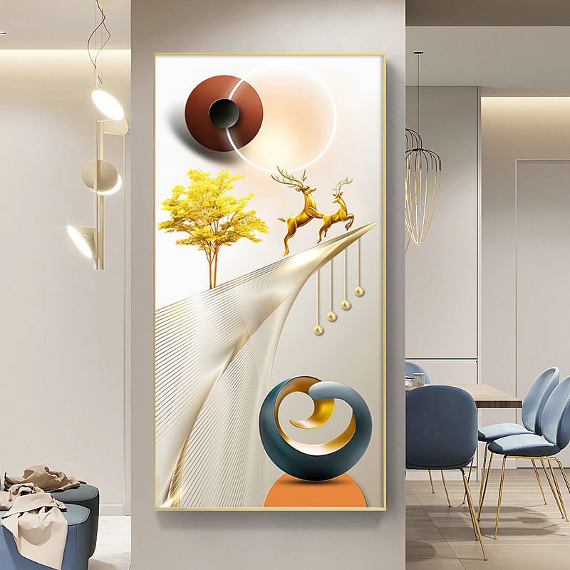 玄关走廊过道挂画轻奢晶瓷画客厅背景墙入户壁画画麋鹿祥瑞麋鹿80160