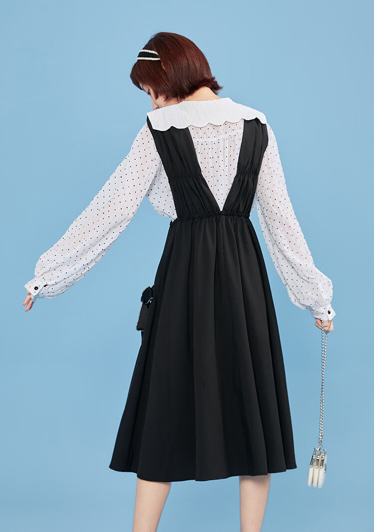 乐町蝴蝶结背带裙2021秋冬新款黑色长裙女小个子小黑裙设计感早秋