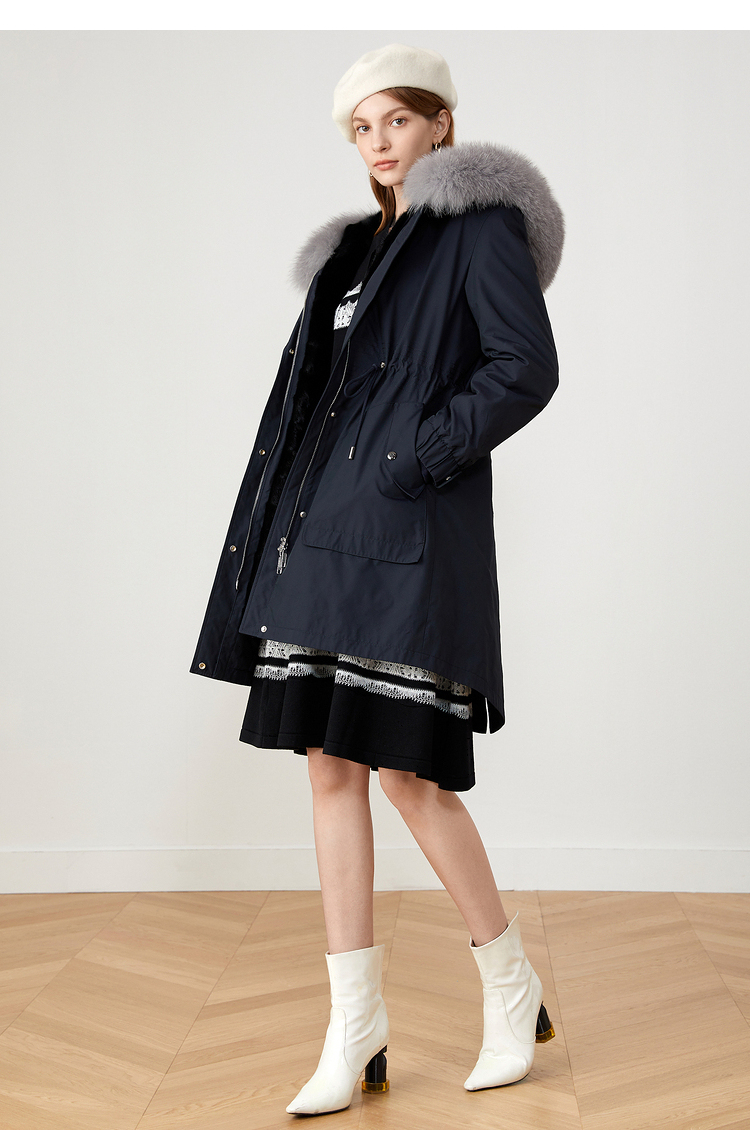 影儿yiner音儿女装2021冬季新款中长款狐狸毛领尼克服藏蓝38