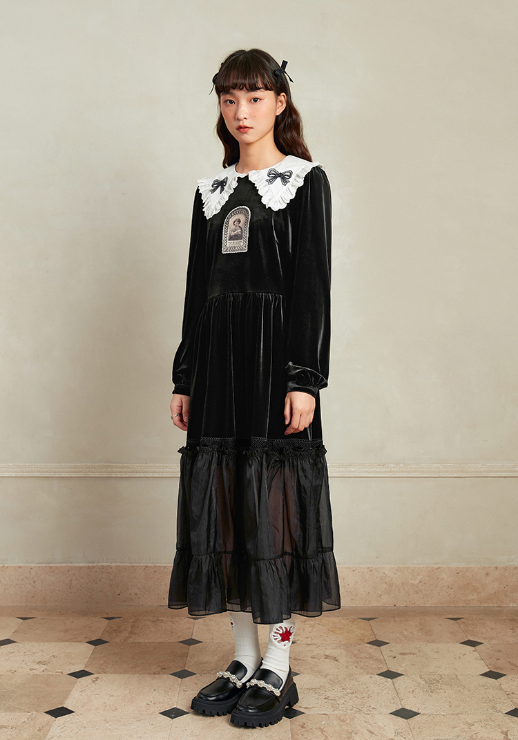 mof设计师联名乐町网纱拼接连衣裙2021秋冬新款女小黑裙丝绒黑色现货s