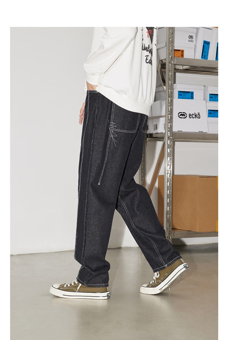 ecko犀牛牛仔裤男潮牌2021冬季新款深色复古撞色辑明线长裤男女同款