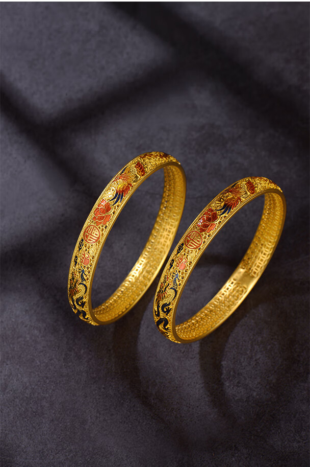 老凤凰古法金珐琅手镯女宫廷黄金龙凤镯子新款精致999足金花丝镂空