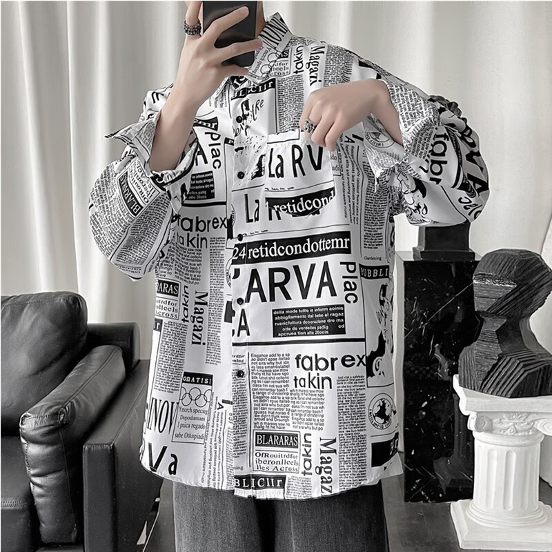 苏京猫报纸衬衫男长袖日系文艺宽松坠感秋季免烫抗皱花衬衣学生长袖35