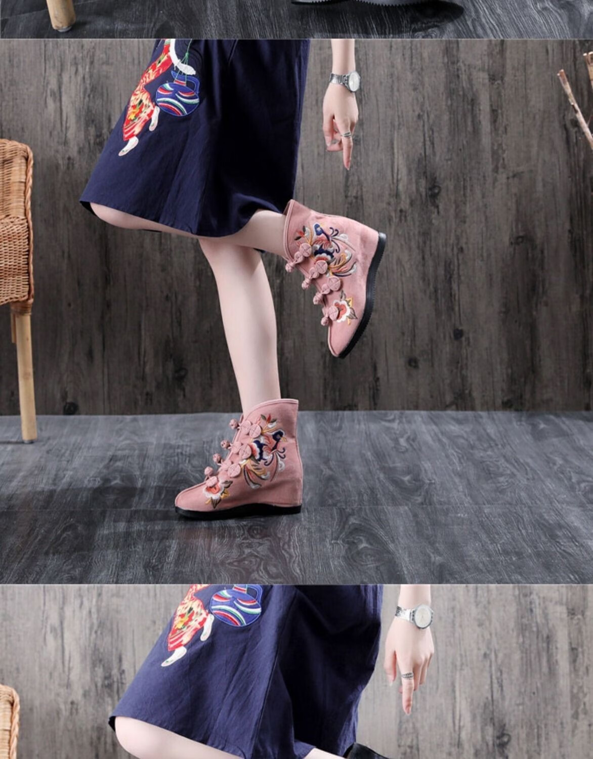 wang春夏单鞋绣花鞋老北京布鞋旗袍走秀鞋女民族风女靴内增高复古短靴