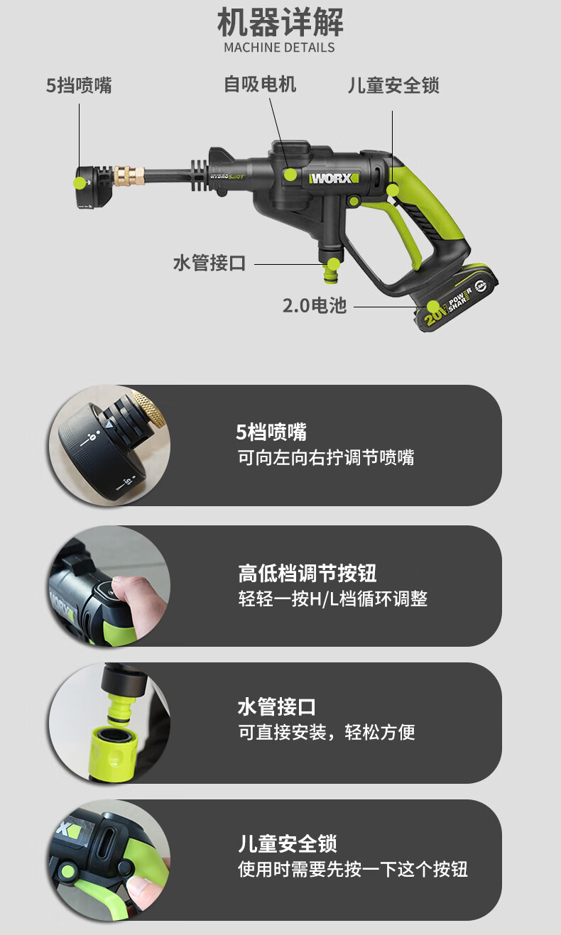 威克士worx洗車機家用高壓便攜式刷車鋰電水泵水槍無線清洗機wu62960