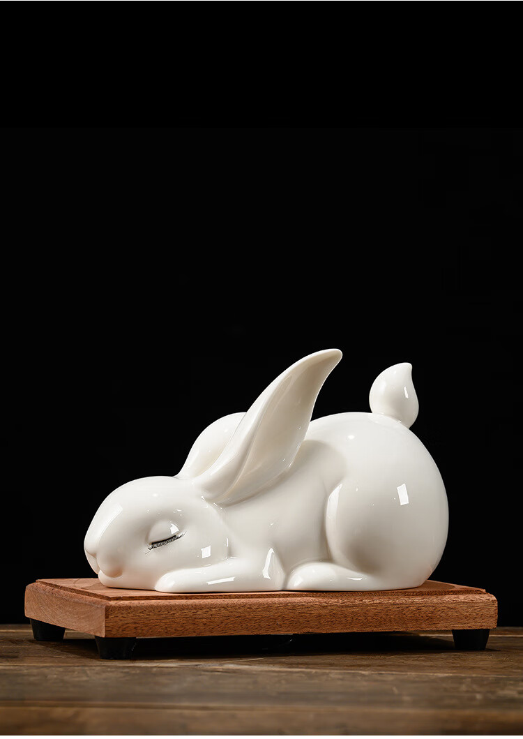 【优程京选】 中式陶瓷玉兔摆件兔年吉祥物白瓷兔子小夜灯桌面装饰兔