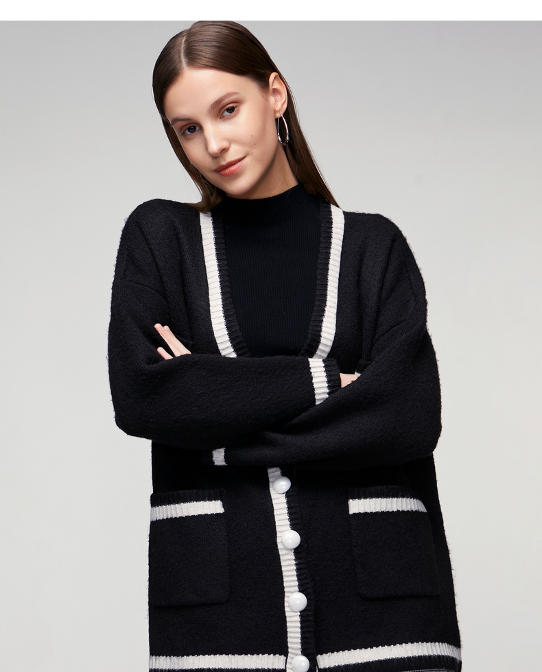 g2000女装2021新款oversize针织开衫黑白撞色减龄v领慵懒外套16771330