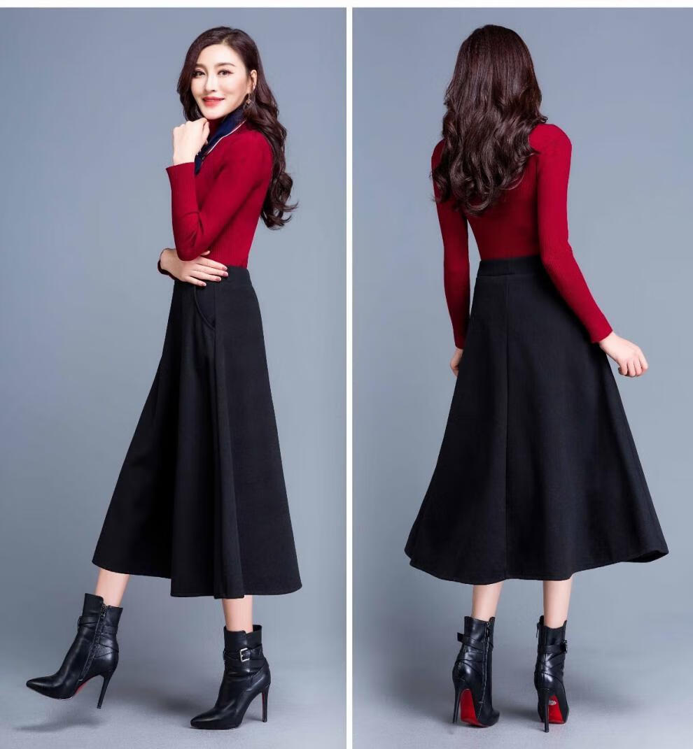 中老年人半身裙冬季裙子中年妇女半截裙毛呢口袋中长裙a字裙大号显瘦