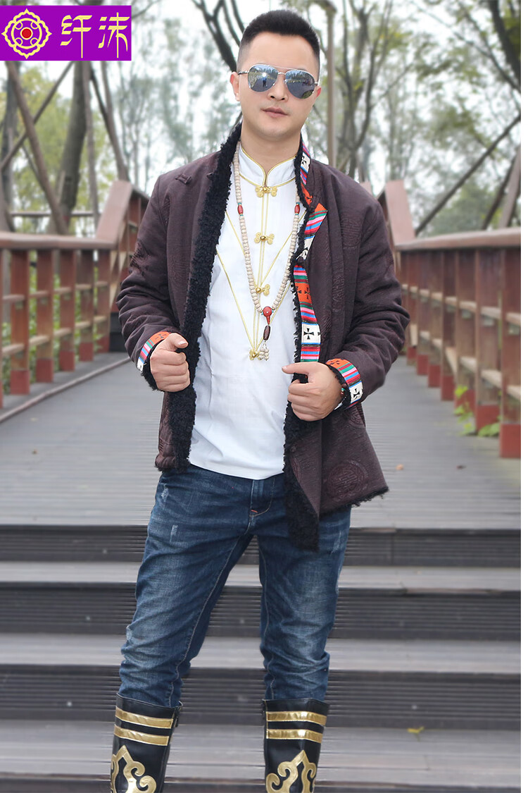 春夏必备 彝族服装男 新款藏袍男冬季藏装黑毛加绒保暖短款氆氇西藏
