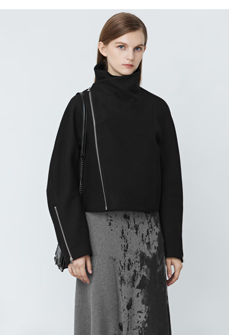 sdeer圣迪奥2021冬季新品女装个性立领斜襟拼接毛呢黑色短款外套s2