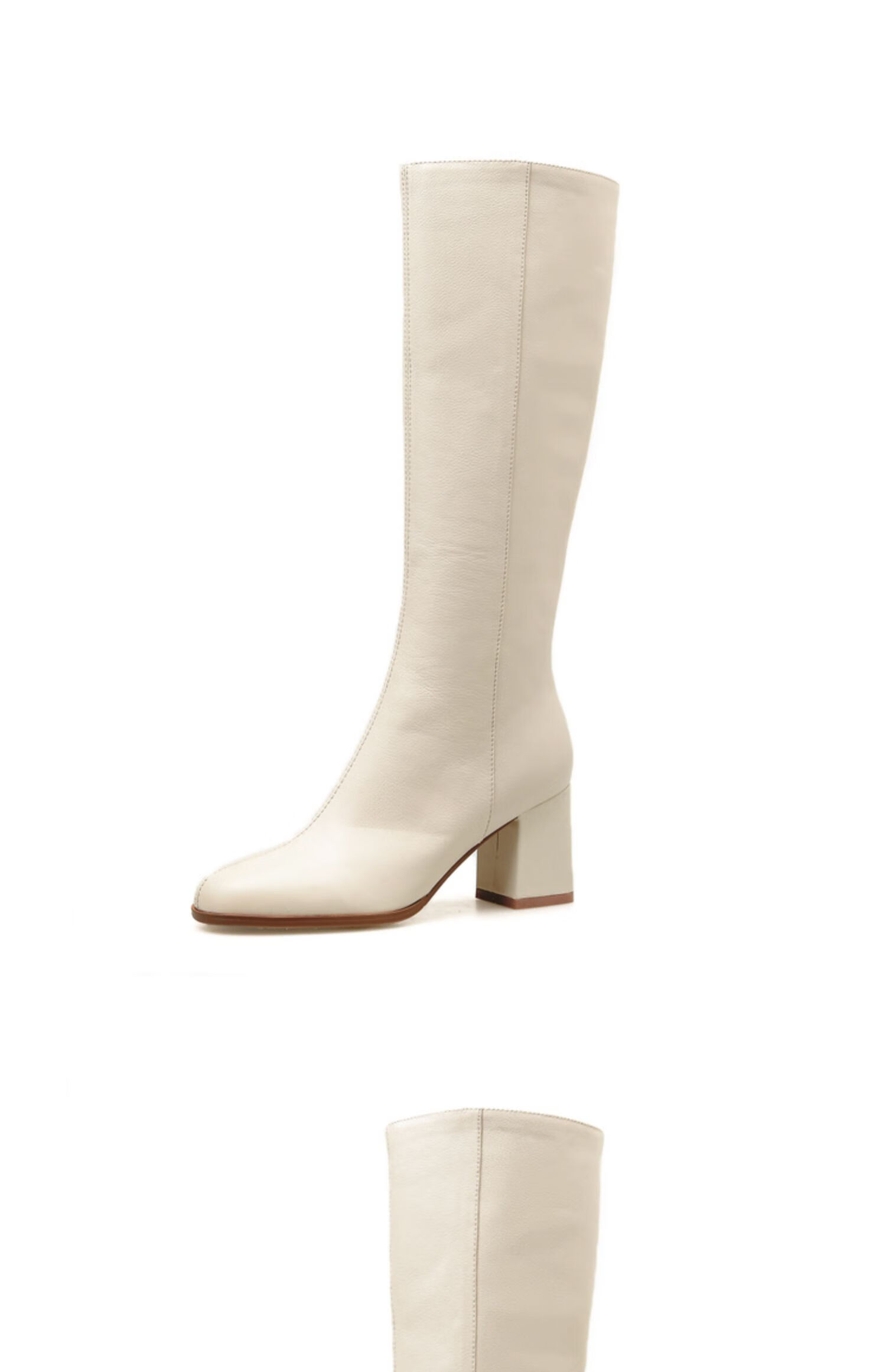 奥康白色靴子女中筒靴秋季不过膝长靴小个子米色显瘦真皮高筒靴骑士靴