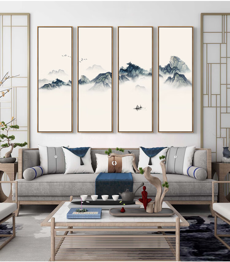 尚锦美舍山水画新中式客厅装饰画四联组合沙发背景墙挂画书房茶室水墨