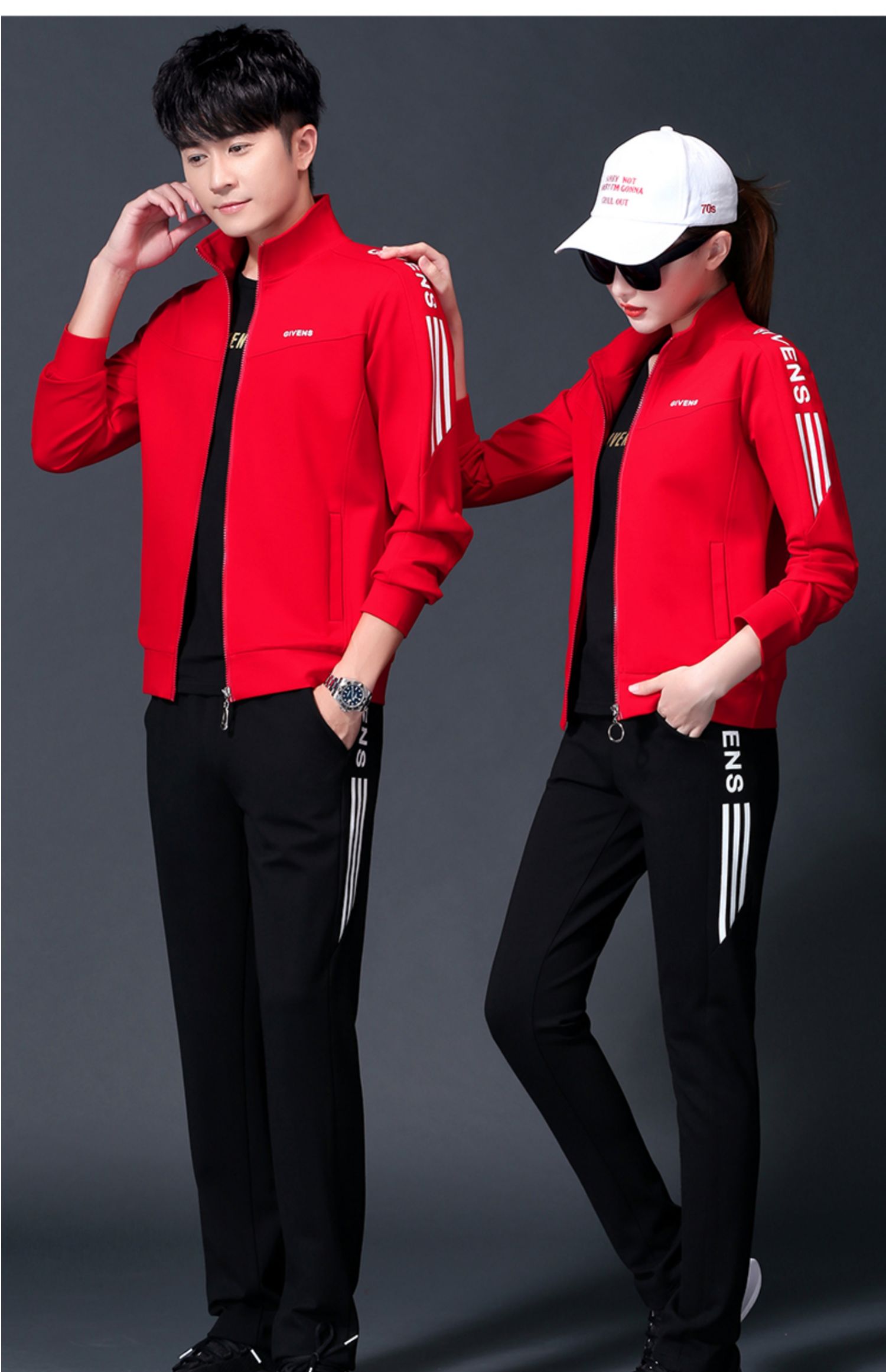 运动套装三件套春秋男士运动服长袖休闲大码女运动装 红色(8801款) 女