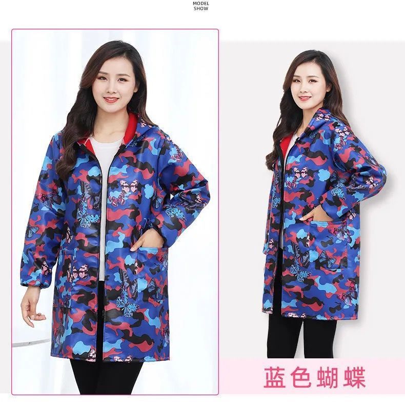 冬季加绒加厚长袖连帽罩衣女厨房微防水防油污大外套褂工作服无双至京