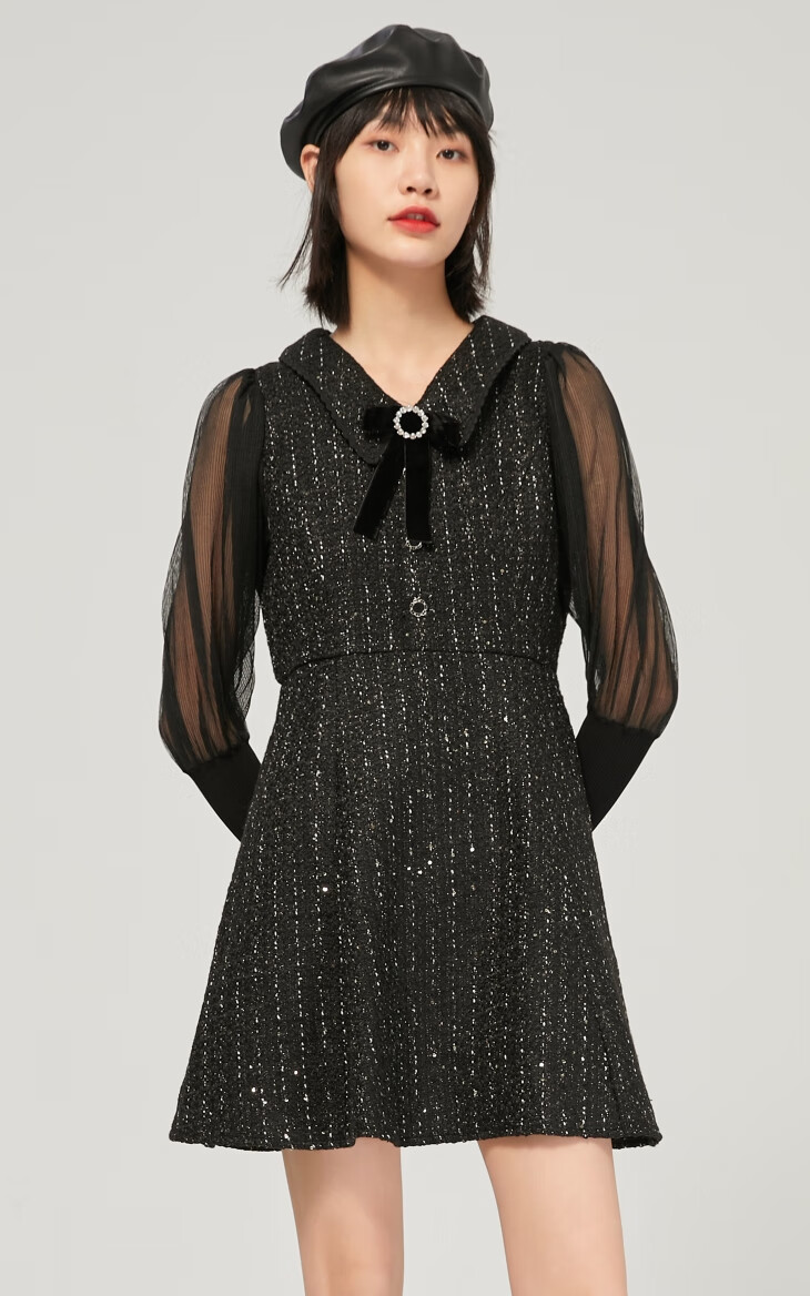 only2021冬季新款小香风气质收腰长袖拼接连衣裙女121307160h1z黑色