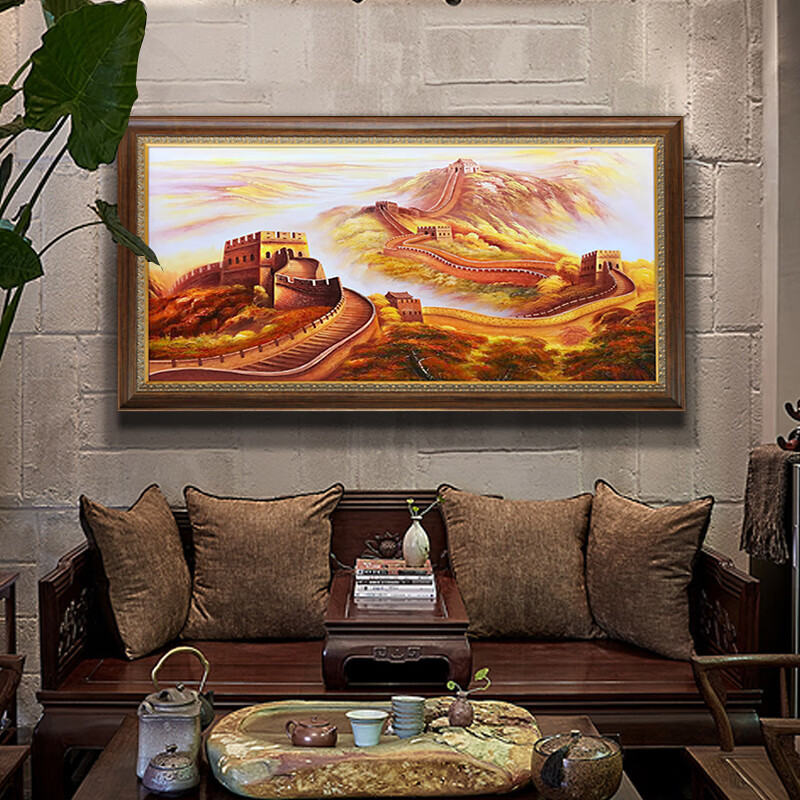 拓柳轻奢高端纯手绘油画装饰画金色万里长城领导办公室挂画山水画中式