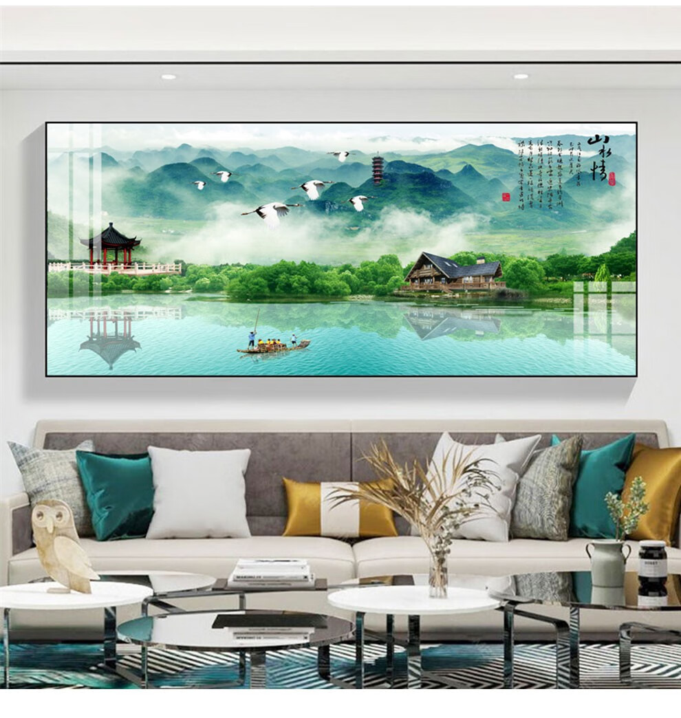 翠佳客厅装饰画新中式沙发背景墙山水画横幅大气风景挂画流水生财晶瓷