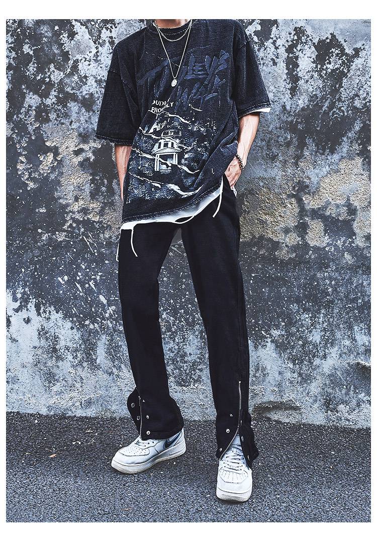 潮男酷吧黑色高街裤子男ins潮修身拉链开叉排扣牛仔长裤黑色裤脚拉链