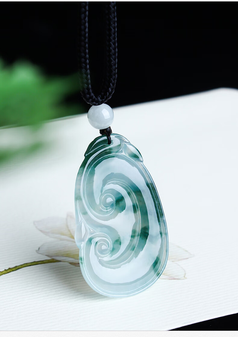 【520礼物】百博翡翠如意吊坠冰飘花玉如意玉坠天然缅甸玉石a货挂件r