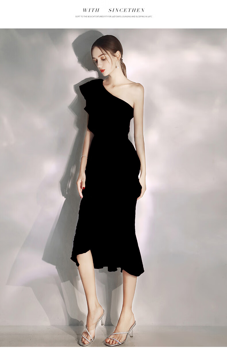 hkws晚礼服女2021新款宴会气质高贵黑色轻奢小众高端斜肩连衣裙高级感