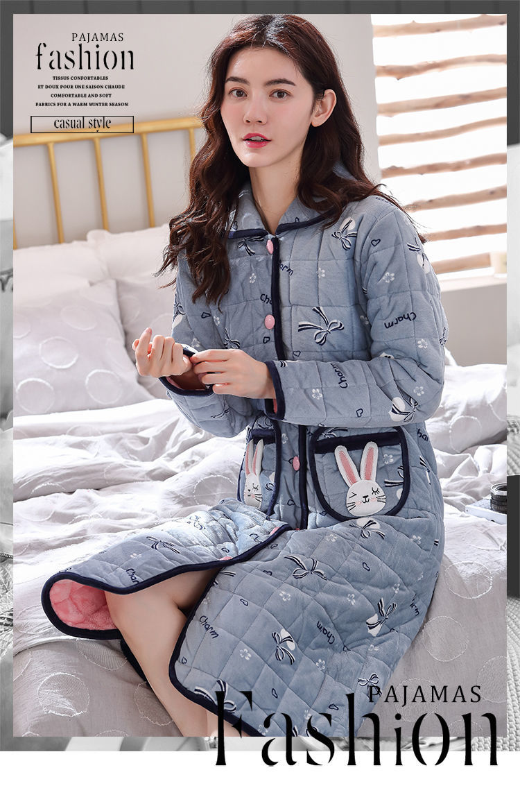 【秋冬新品】浪莎高档加厚睡袍睡衣夹棉女韩版冬季三层单件长款法兰绒