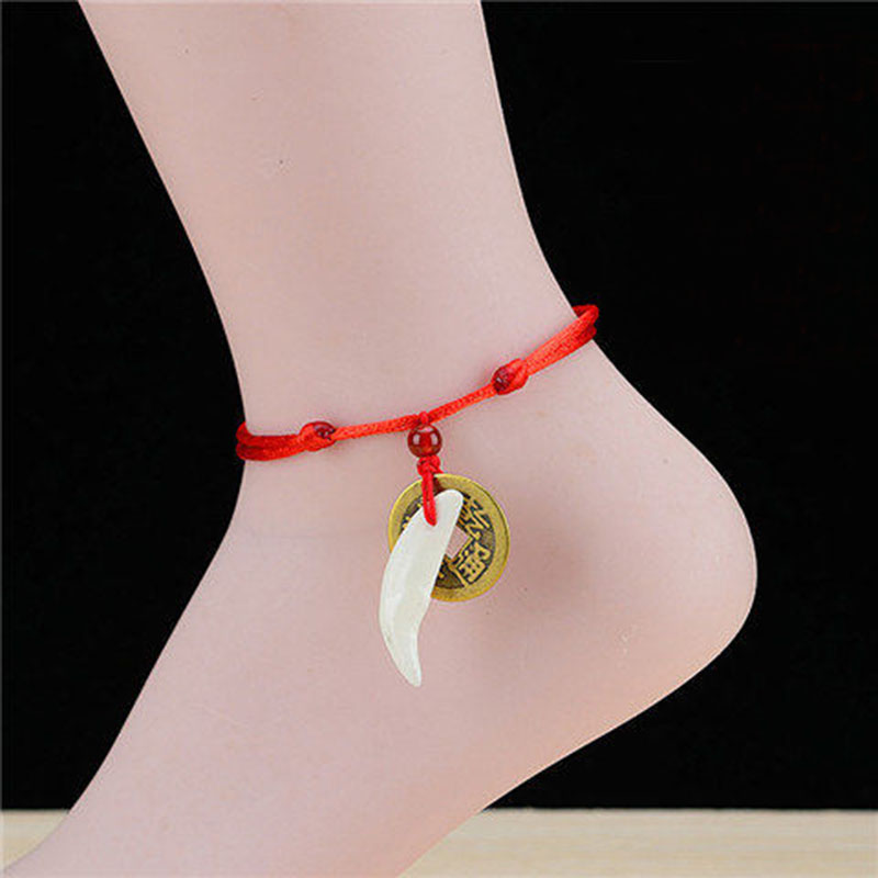 奢浮本命年铜钱狗牙脚链手工红绳编织情侣男女宝宝虎头铃铛民族风腕链