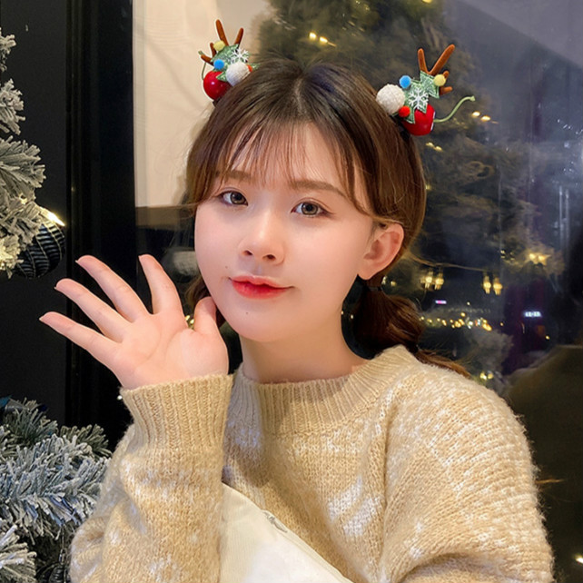 圣诞节发夹毛球对夹老人边夹圣诞树少女毛绒夹子鹿角头饰发卡饰品2