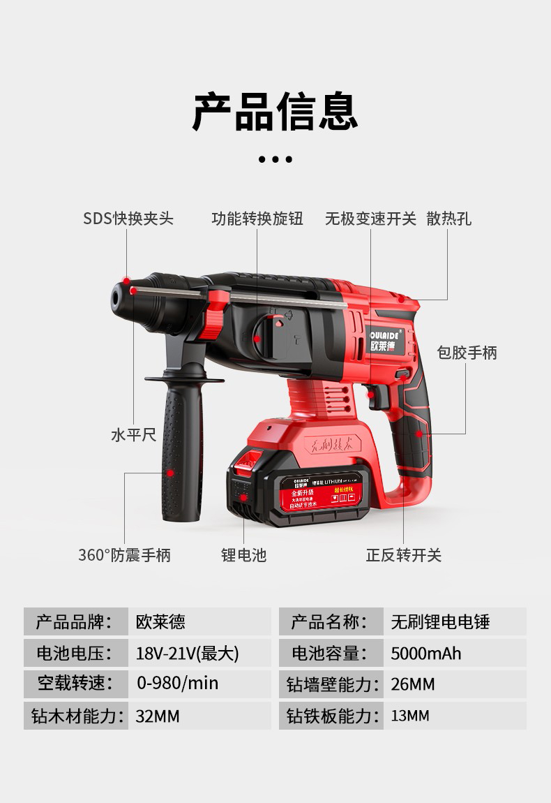 德国欧莱德无刷充电式锂电式大功率电锤角磨机电动扳手套装工业级三用