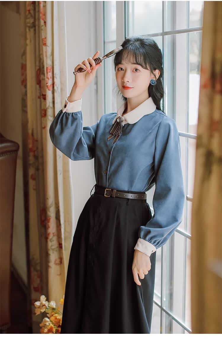 秋冬季连衣裙朗诵演讲比赛服装女民国风复古小洋装少女学生两件套 单