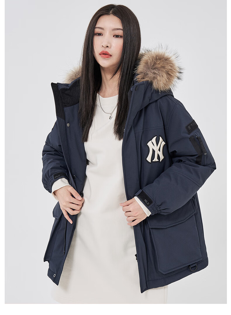 中长款鹅绒保暖羽绒服防风大毛领休闲秋冬djj02 纽约洋基队/象牙色 m