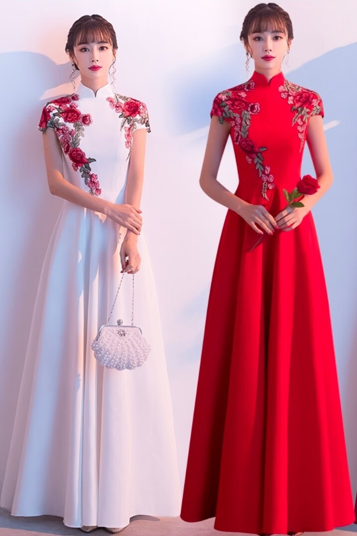 服装礼仪接待旗袍学生新款大合唱团女红歌中国风演出服迎宾礼服成人