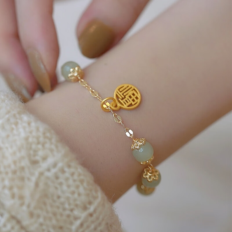 周大福焕美转运珠和田玉福牌手链女18k足金编织手绳女友礼物520礼物