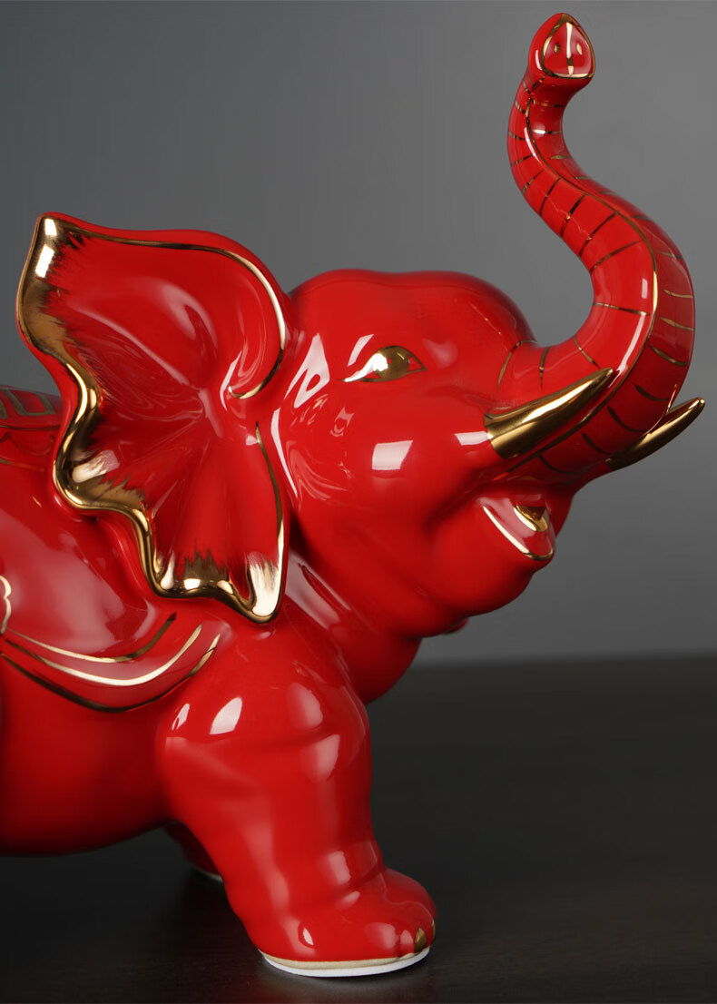 陶瓷红色大象动物摆件一对家居办公室玄光装饰风水象摆设招财大福象一
