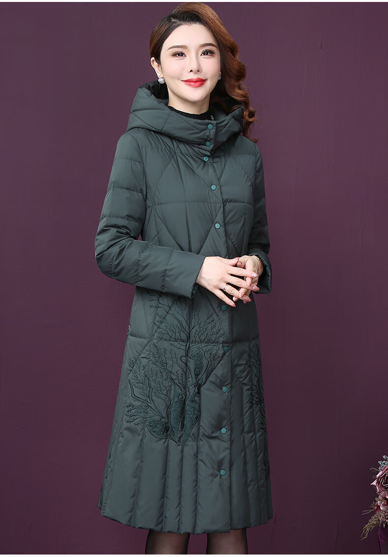 王小鸭冬季羽绒服外套女2021年新款保暖刺绣加厚连帽白鹅绒妈装墨绿m