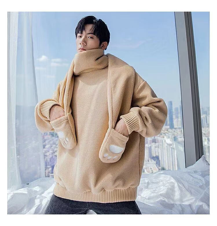 冬季情侣韩版慵懒风可爱熊耳朵上衣男带围巾帽子可拆卸连帽卫衣紫色加