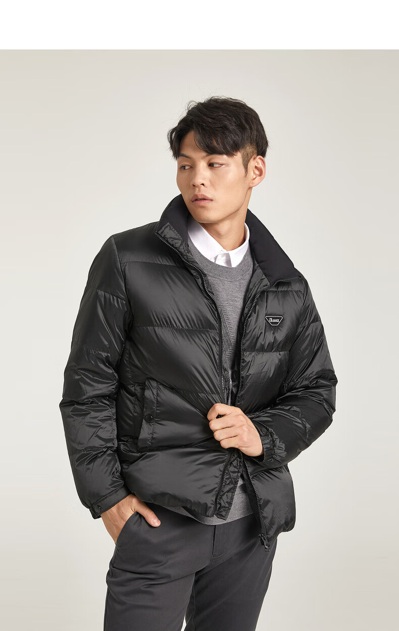 利郎羽绒服男2021冬季新款立领简约纯色短款羽绒服外套90白鸭绒浅灰绿