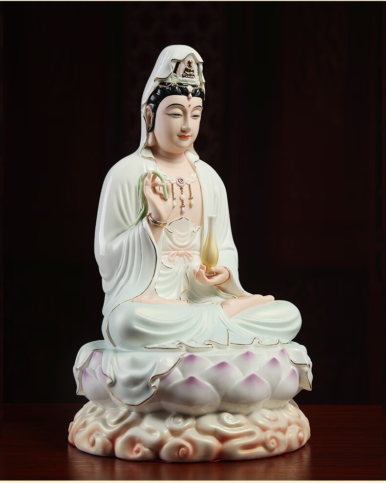 七珍 陶瓷云莲南海观音佛像绿衣彩坐莲观世音菩萨像坐像家用供奉 d08