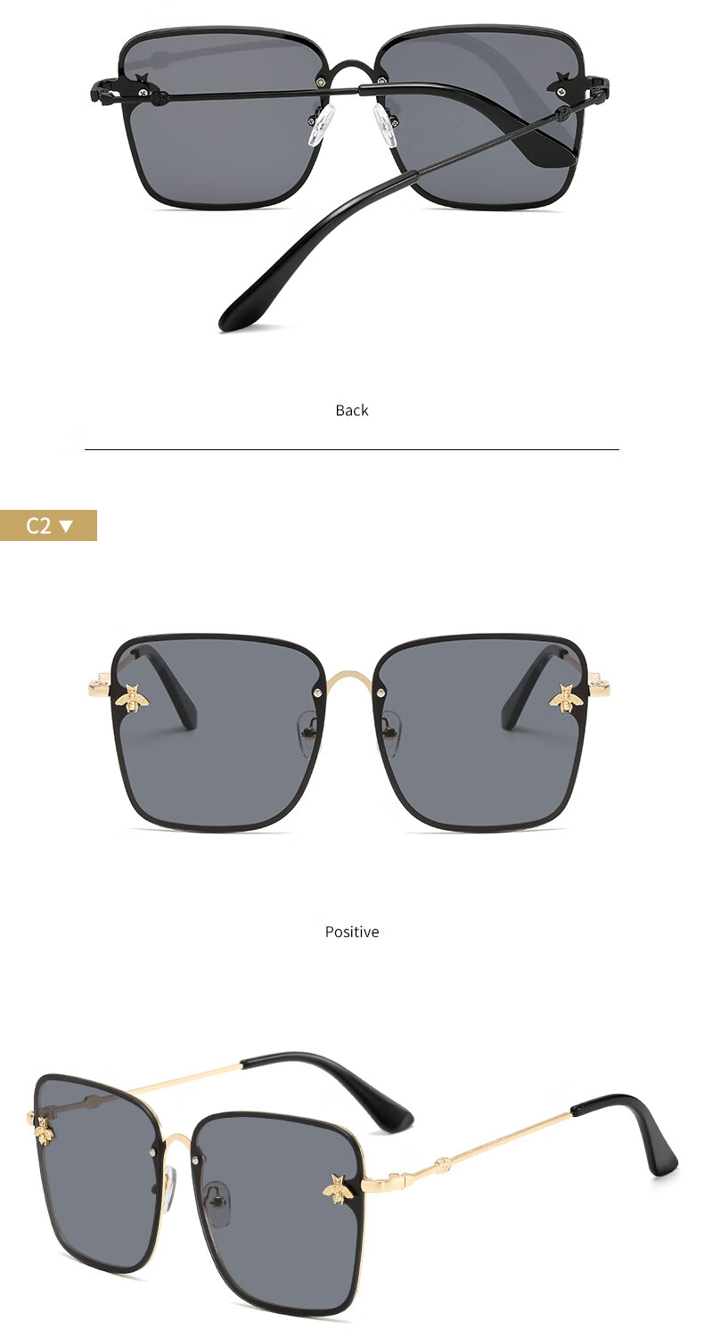 bhnglkm 欧美女士方框炫彩太阳镜 时尚百搭大框小蜜蜂装饰抄片墨镜潮