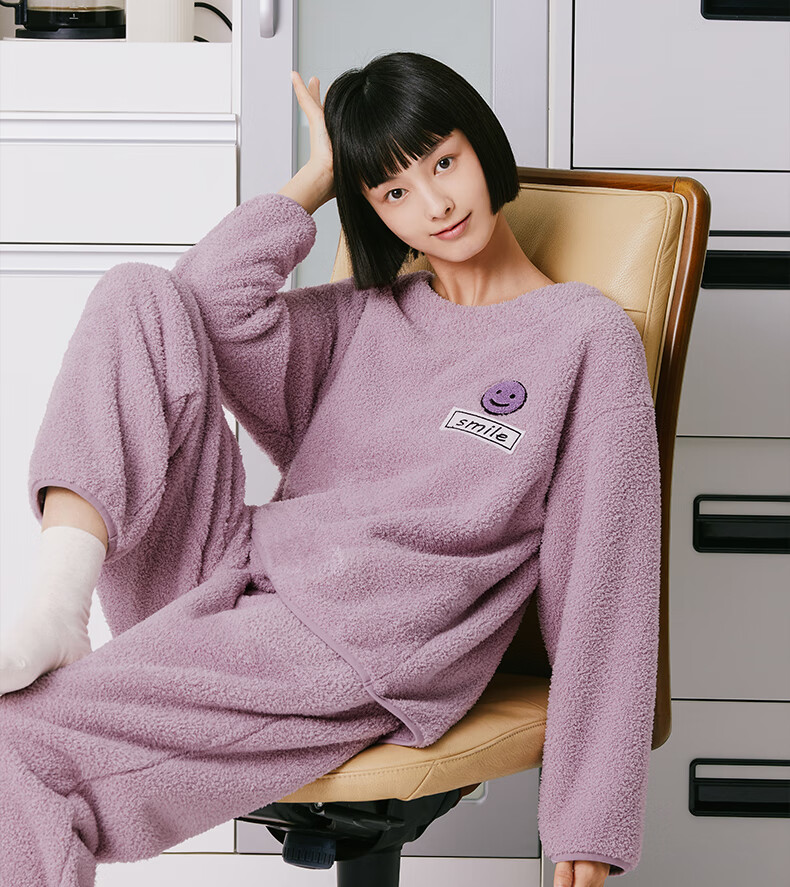 三枪家居上装女秋冬加厚泰迪绒单件居家服女士柔软保暖宽松睡衣粉色