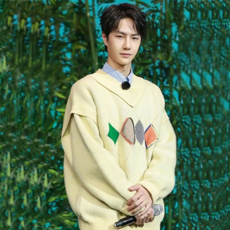 smith王一博同款衣服v领菱形格复古学院风针织衫女宽松杏色毛衣男春季