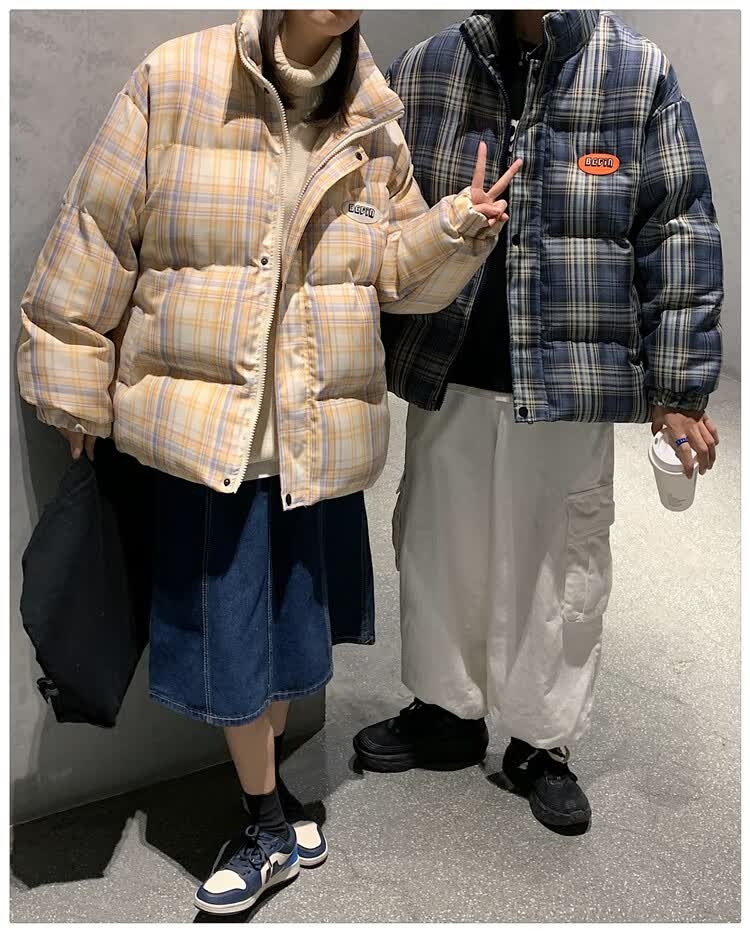 凡迪时尚情侣装冬季棉袄新款加厚格子棉衣韩版学生宽松短款面包服棉服